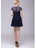 Cap Sleeves Navy Blue Lace Chiffon Flounced Prom Dress
